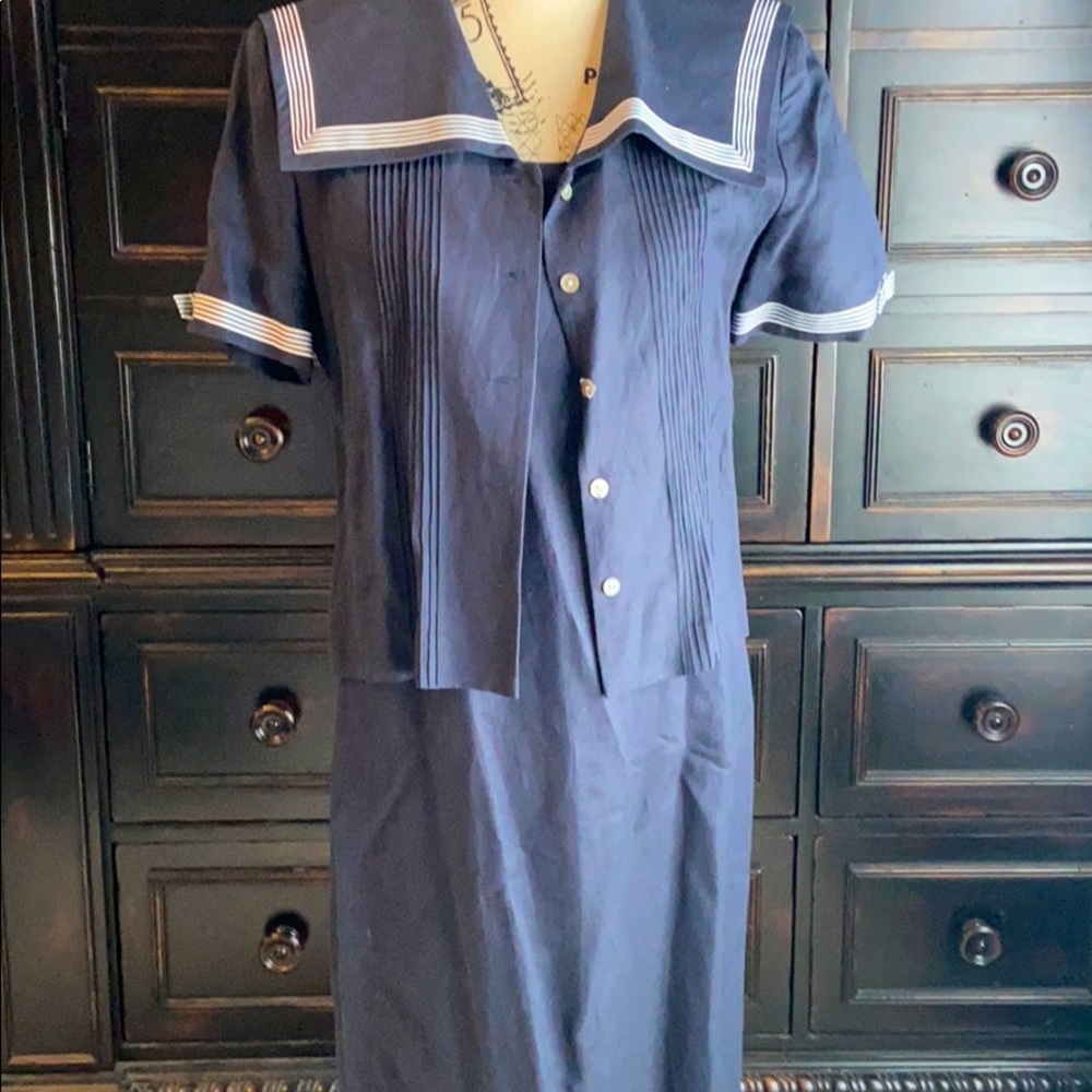 Navy nautical dress and jacket outfit